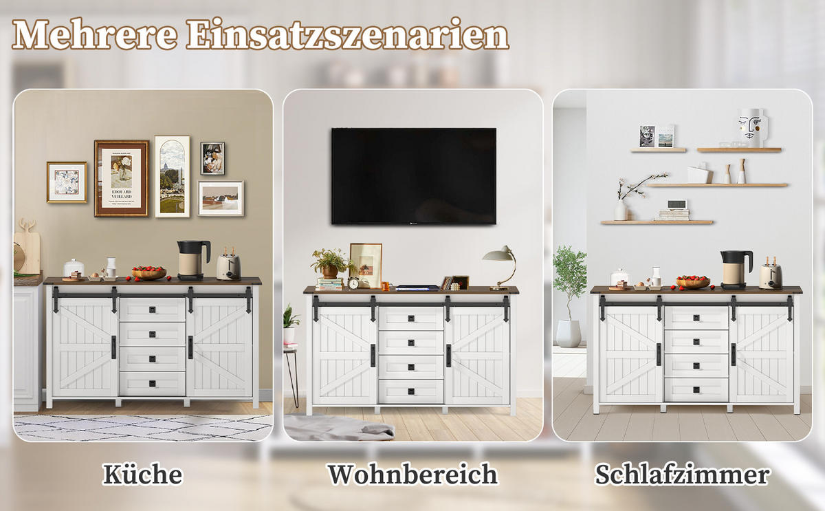 SIDEBOARD 137 cm mit Schiebetüren und 4 Schubladen, Weiß - Weiß, Holzwerkstoff (137/81.5/40cm)