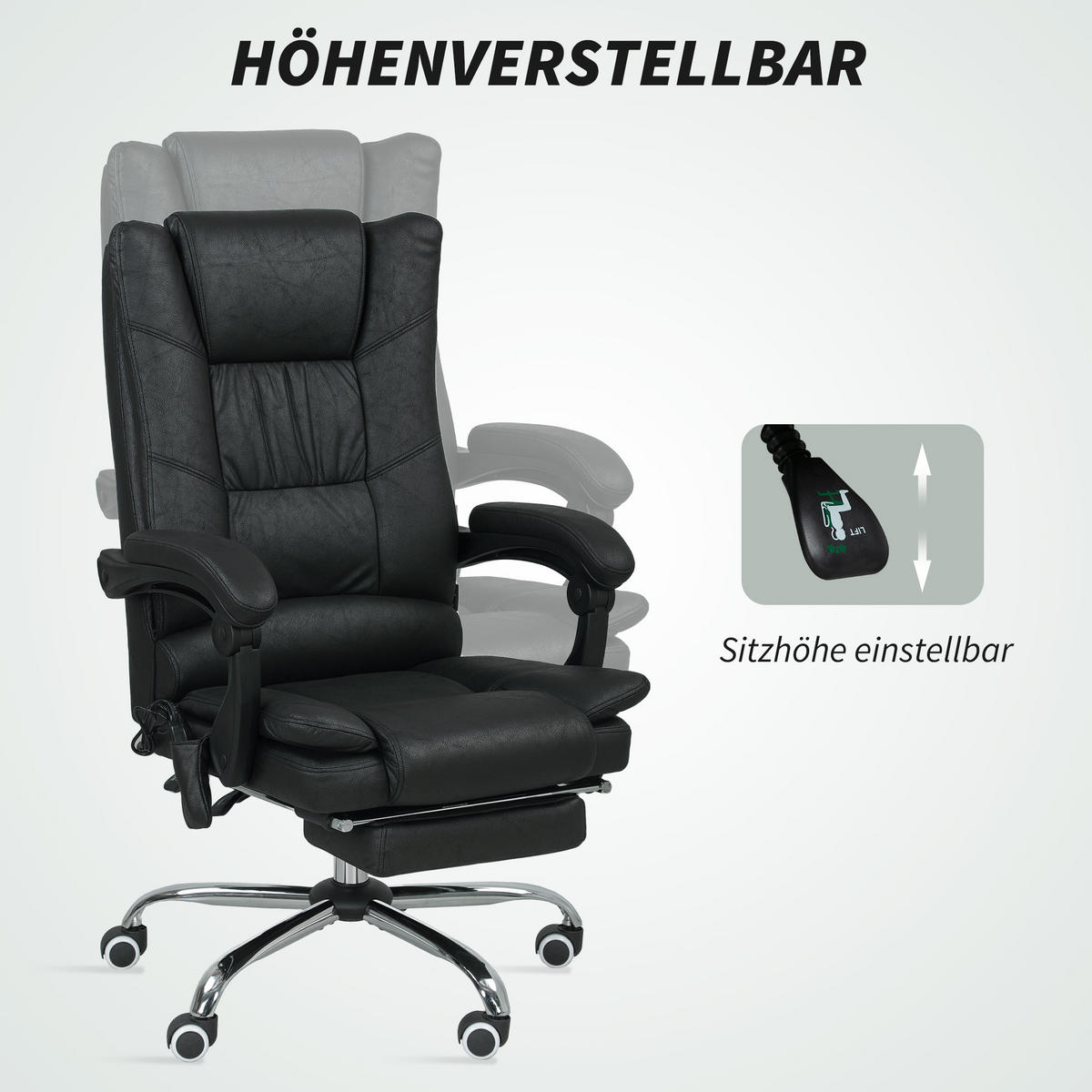 MASSAGE-BÜROSTUHL, Schreibtischstuhl mit Heizfunktion, Fußstütze, Schwarz - Schwarz, Kunststoff (70/118/64cm) - Vinsetto