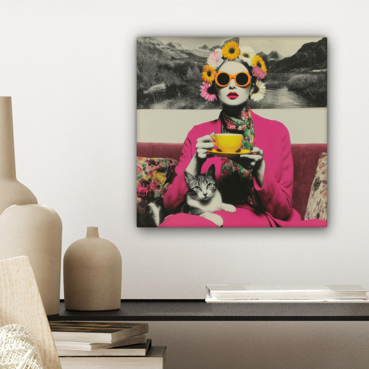 LEINWANDBILD Frau - Katze - Blumen - Tasse - Retro Deko Wohnzimmer 20x20 cm - Magenta, Textil (20/20cm) - MuchoWow