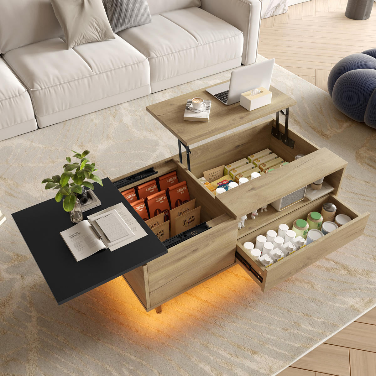 COUCHTISCH 103,5/50/27,5 cm mit Lift-Top, LED-Bodenlicht und Stauraum, Holzwerkstoff/Metall, Natur - Naturfarben, Holzwerkstoff (103.5/50/27.5cm) - Redom