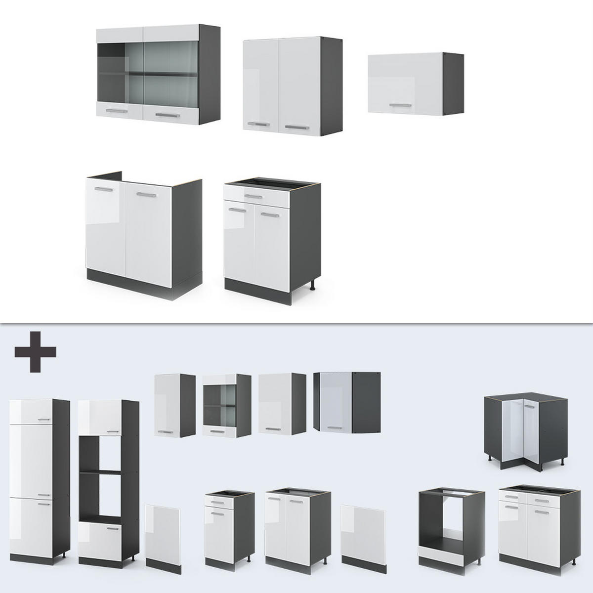 KÜCHENZEILE R-Line Weiß Hochglanz/Anthrazit 200 cm, AP Eiche - Weiß Hochglanz/Anthrazit, Holzwerkstoff (200/81.6/60cm) - Vicco