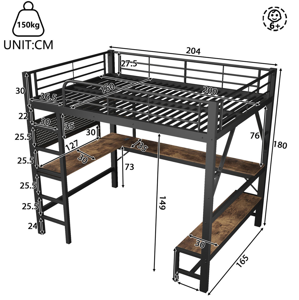 HOCHBETT aus Metall und MDF 160x200 cm Schwarz mit Schreibtisch, LED-Leiste und USB-Type-C-Anschluss - Schwarz, Metall (160/200cm) - Modfu