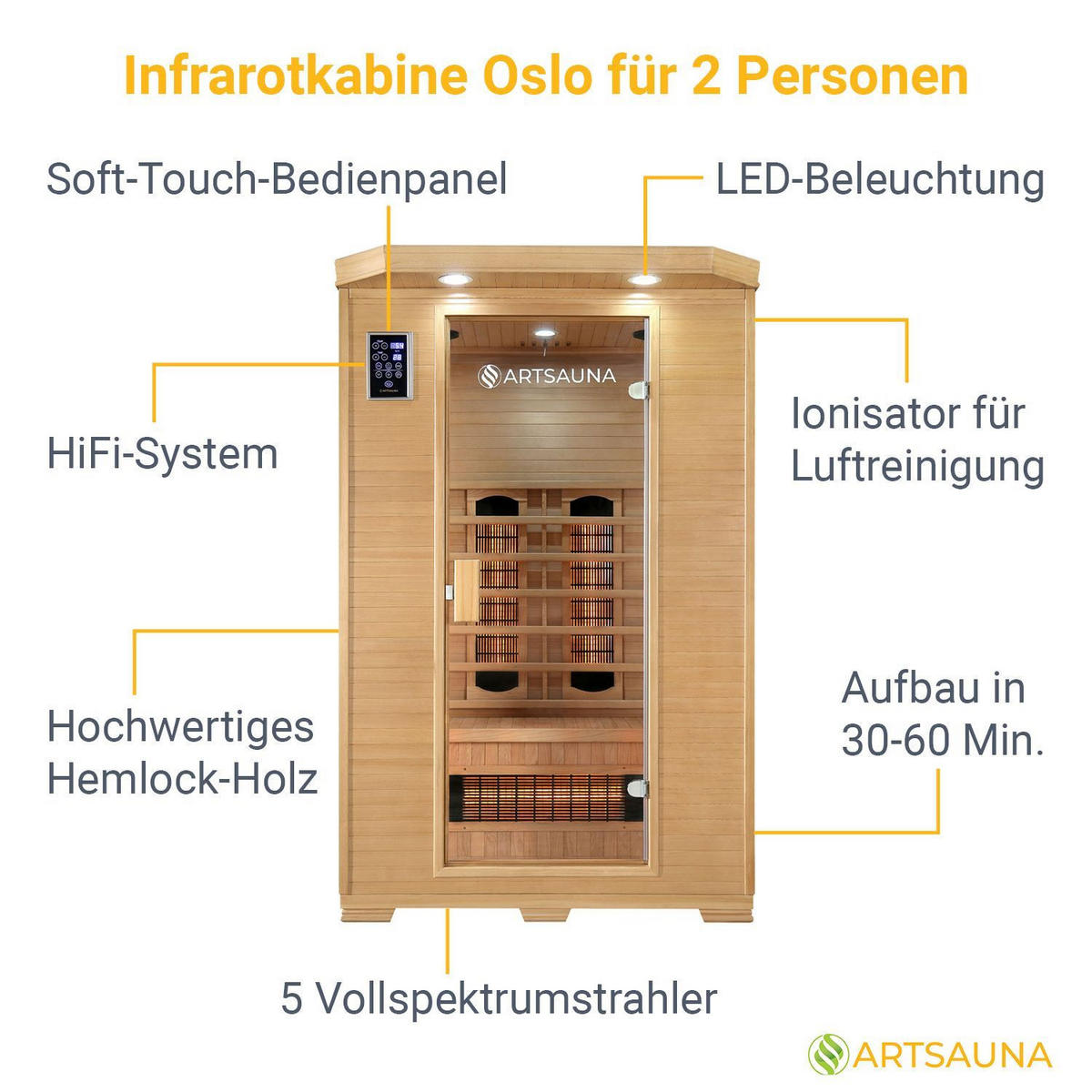 INFRAROTKABINE Oslo mit Vollspektrumstrahlern & Hemlockholz - Naturfarben, Holz (120/190/100cm) - Artsauna