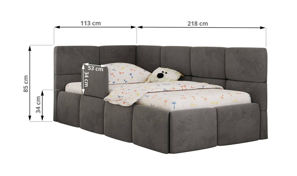 DĚTSKÁ POSTEL ARVO ALTA 90/200 - Šedá Samet - Vlevo - šedá, textil (90/200cm) - MKS