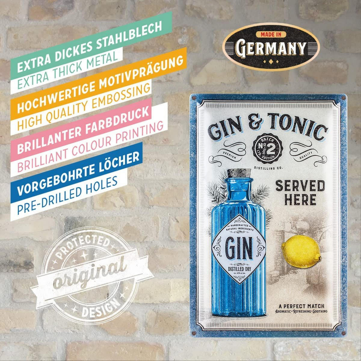 BLECHSCHILD 40/60 cm Open Bar Gin & Tonic Served Here - Multicolor, Metall (40/60/1cm) - Nostalgic-Art