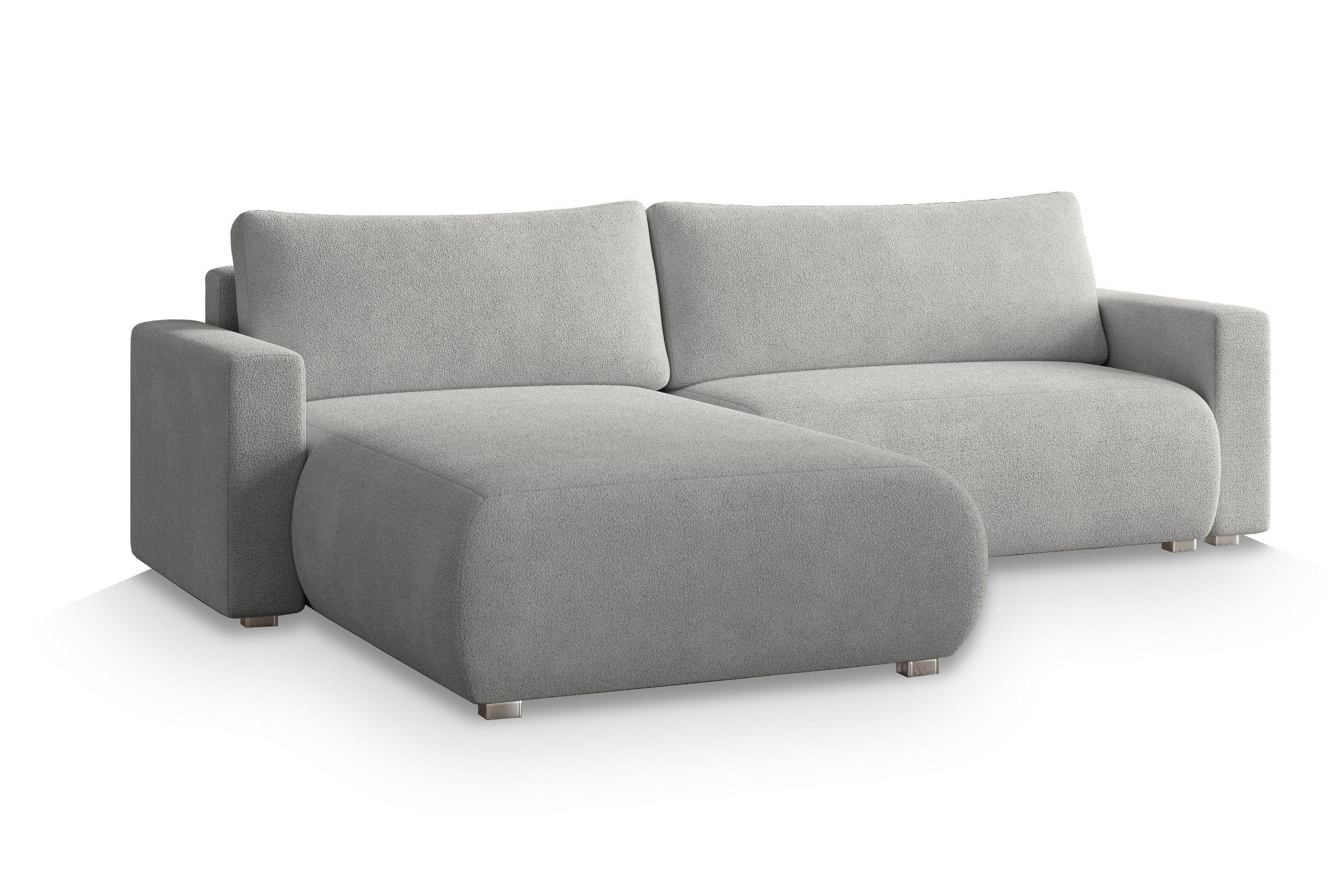 ECKSOFA TURIN N Hellgrau Bucle-Stoff mit Schlaffunktion - Hellgrau, Holz (265/183cm) - MASSENO