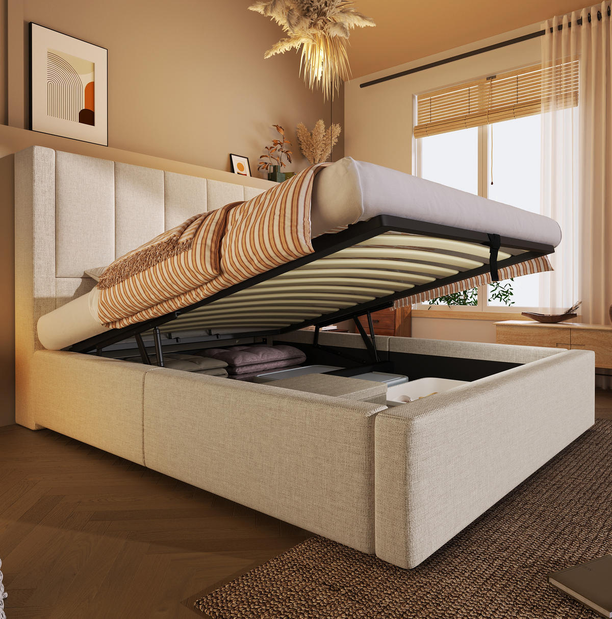 POLSTERBETT 90/200 cm Beige mit Stauraum, Matratze und USB- und Type-C-Anschlüssen - Beige, Textil (90/200cm) - Flora Grace