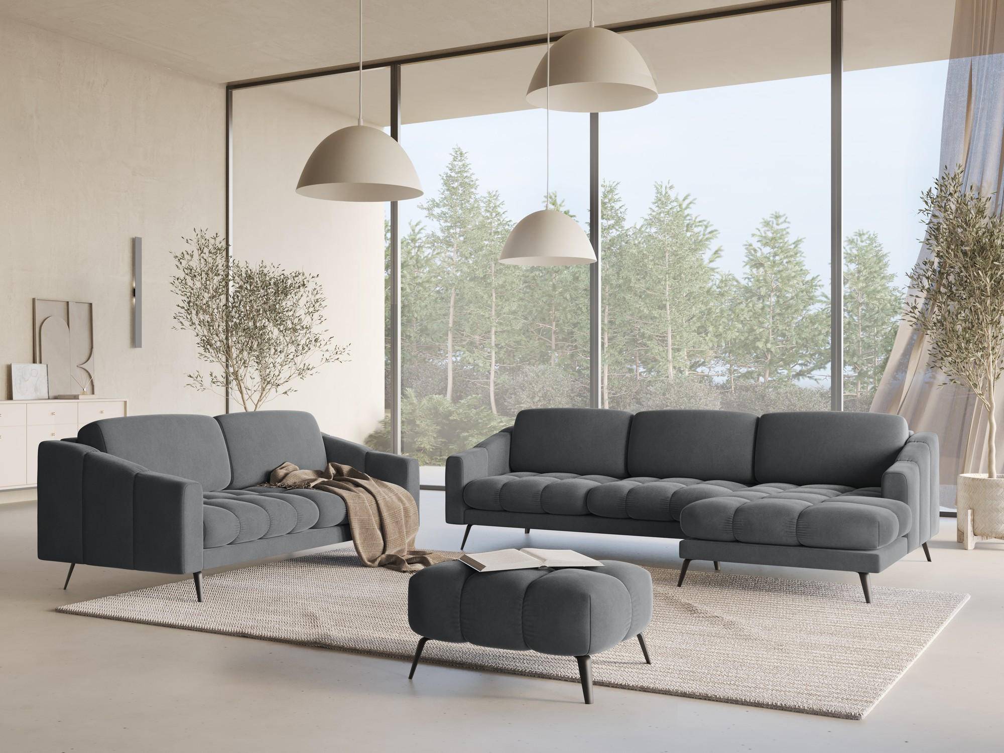 3-SITZER SOFA Samt Stoff Grau - Dunkelgrau/Schwarz, Textil/Metall (202/80/95cm) - Makamii