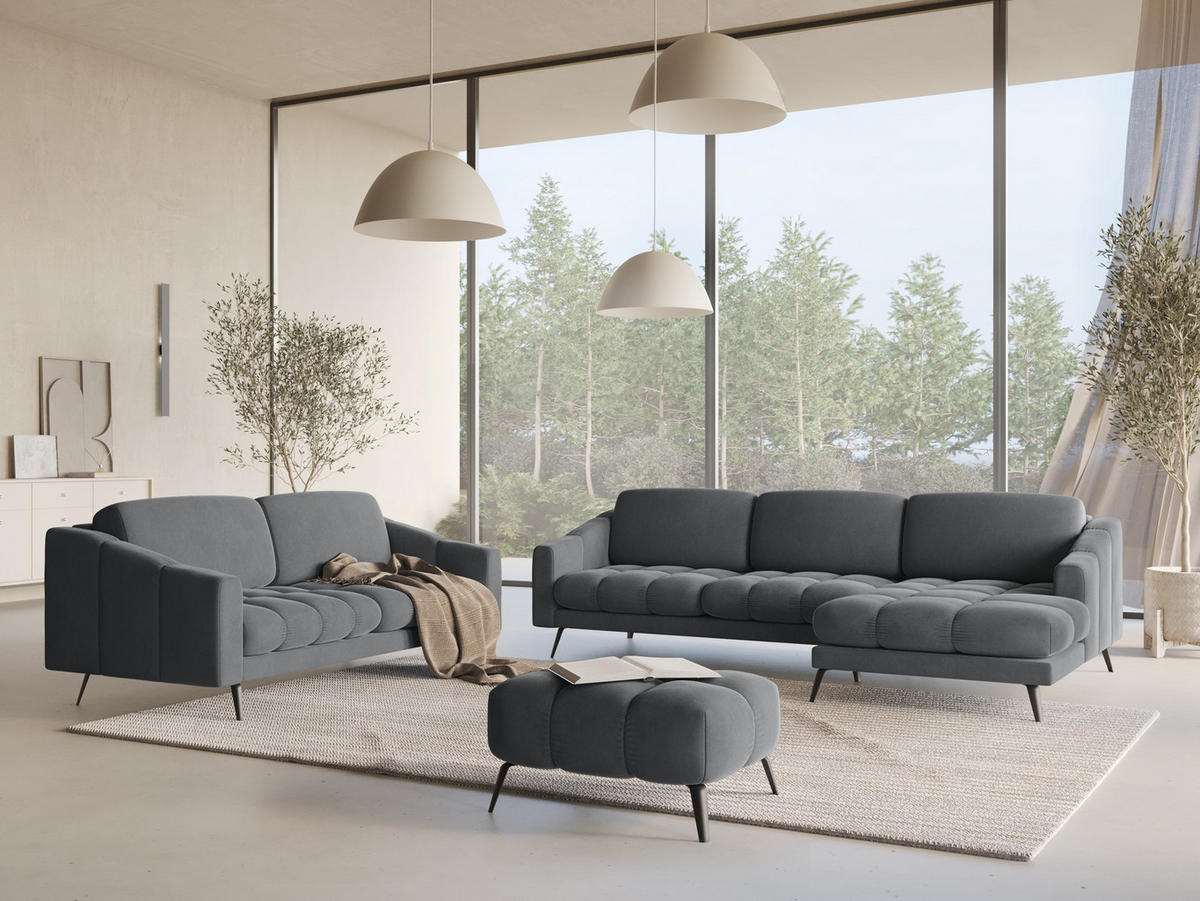 ECKSOFA Rechts Samt Stoff Grau - Dunkelgrau/Schwarz, Textil/Metall (264/160cm) - Makamii