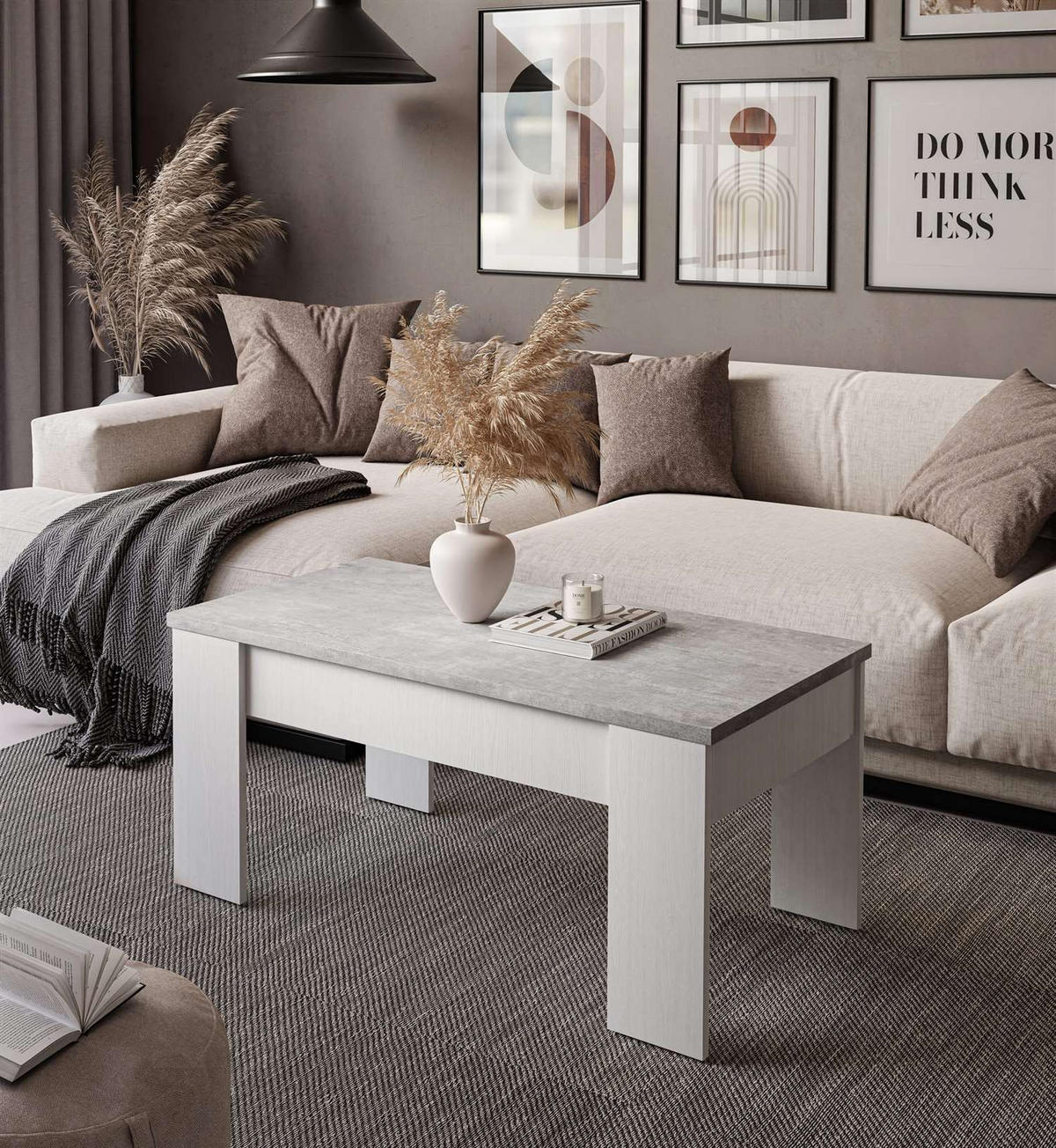 AUSZIEHBARER Couchtisch APERTO, Weiß Rustica / Beton - Grau, Holzwerkstoff (100/45/50cm) - Lookway