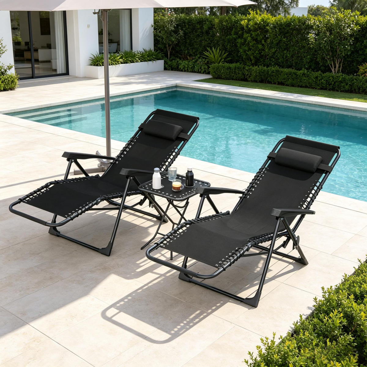 GARTENMÖBEL,2 Liegestühle+1 Tisch - Schwarz, Metall - Vallsero