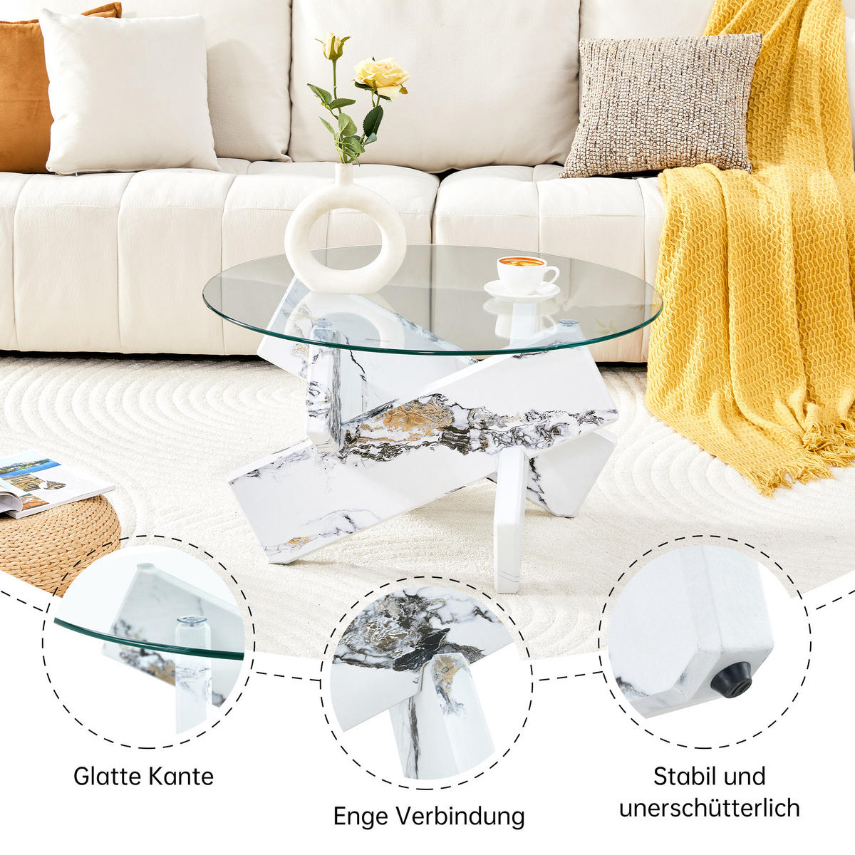 COUCHTISCH in Weiß Wohnzimmertisch mit Kreativer kreuzförmiger Holzrahmen für Wohnzimmer, B79/T79/H45 cm - Transparent/Weiß, Glas/Holzwerkstoff (79/79/45cm) - STILVORA