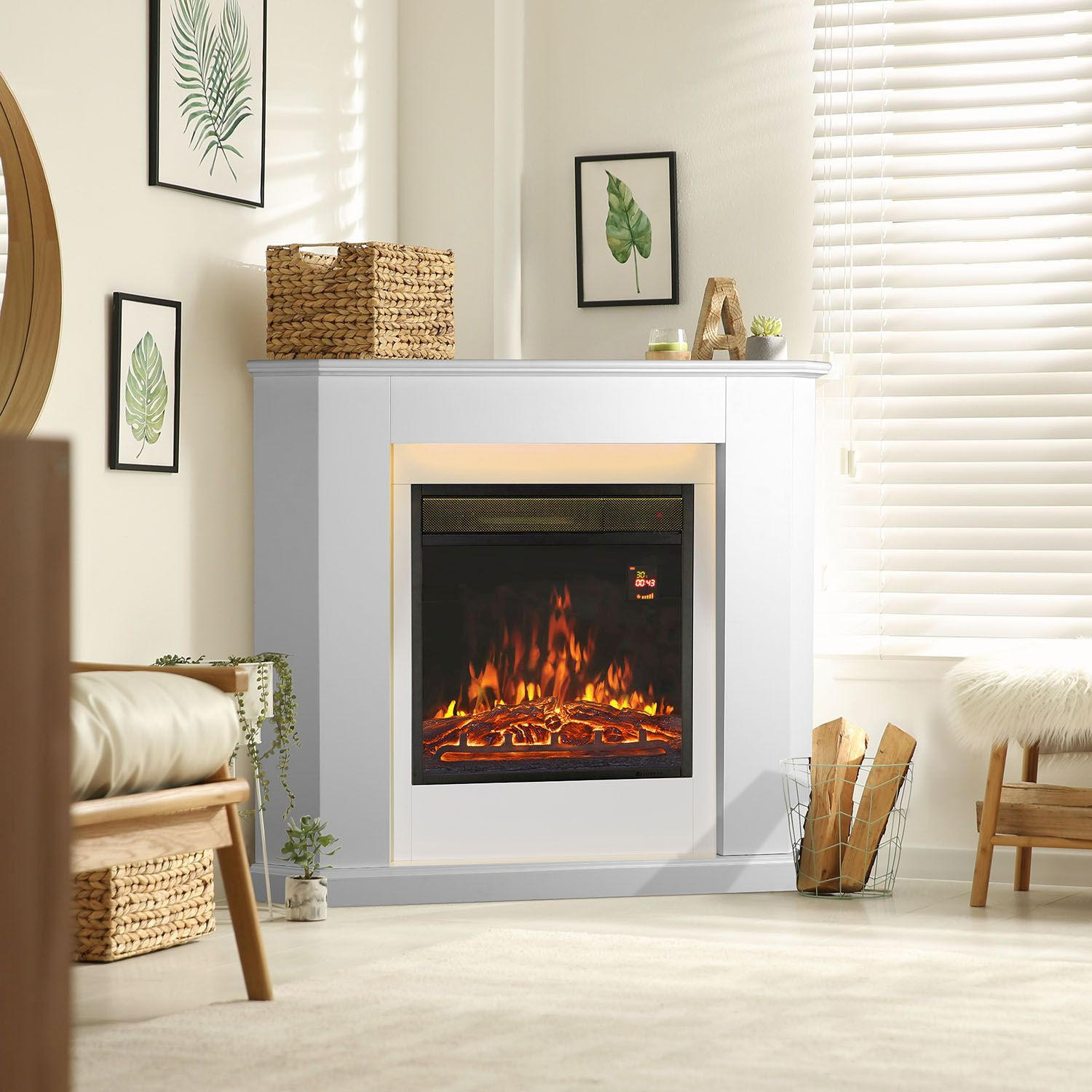 ELEKTROKAMIN 2000W dreieckig weiß mit Flammeneffekt - Weiß, Holz (96/93/57cm) - Juskys