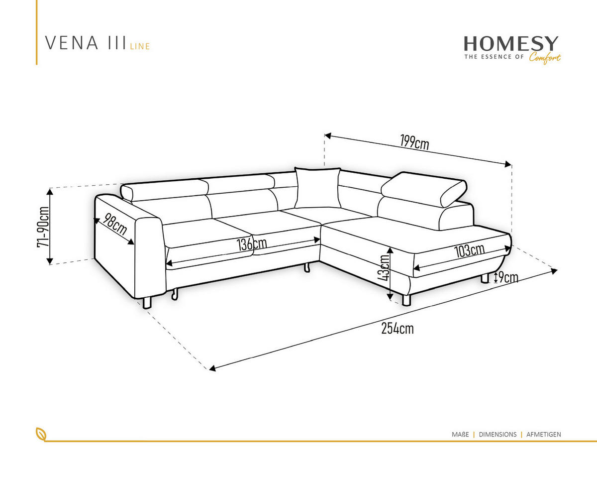ECKSCHLAFSOFA Vena III mit Schlaffunktion und Bettkasten, Reechts montierbar, Graphite - Graphitfarben, Holz (254/199cm) - Homesy