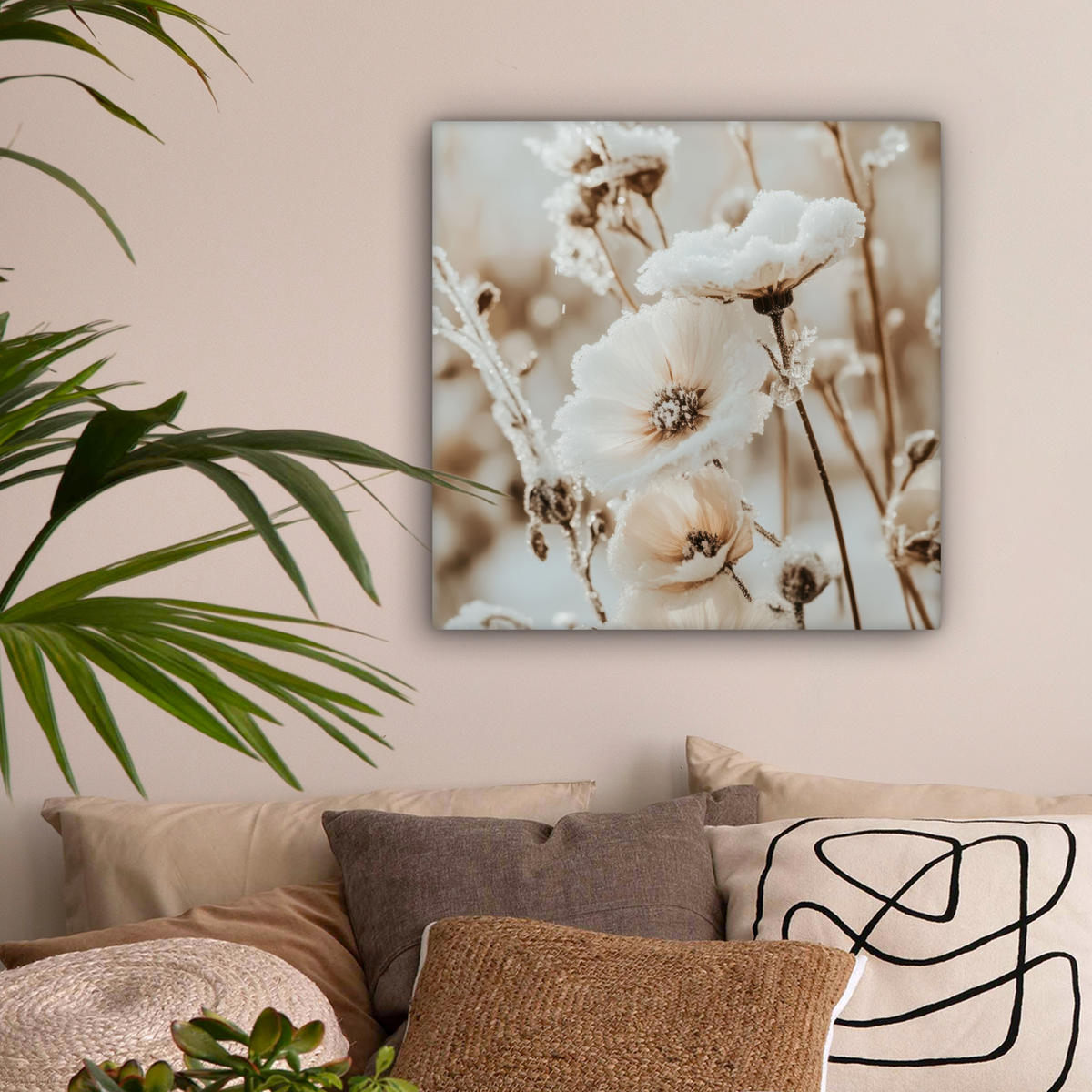 LEINWANDBILD Blumen - Winter - Weiß - Schnee - Beige 50x50 cm - Creme, Textil (50/50cm) - MuchoWow