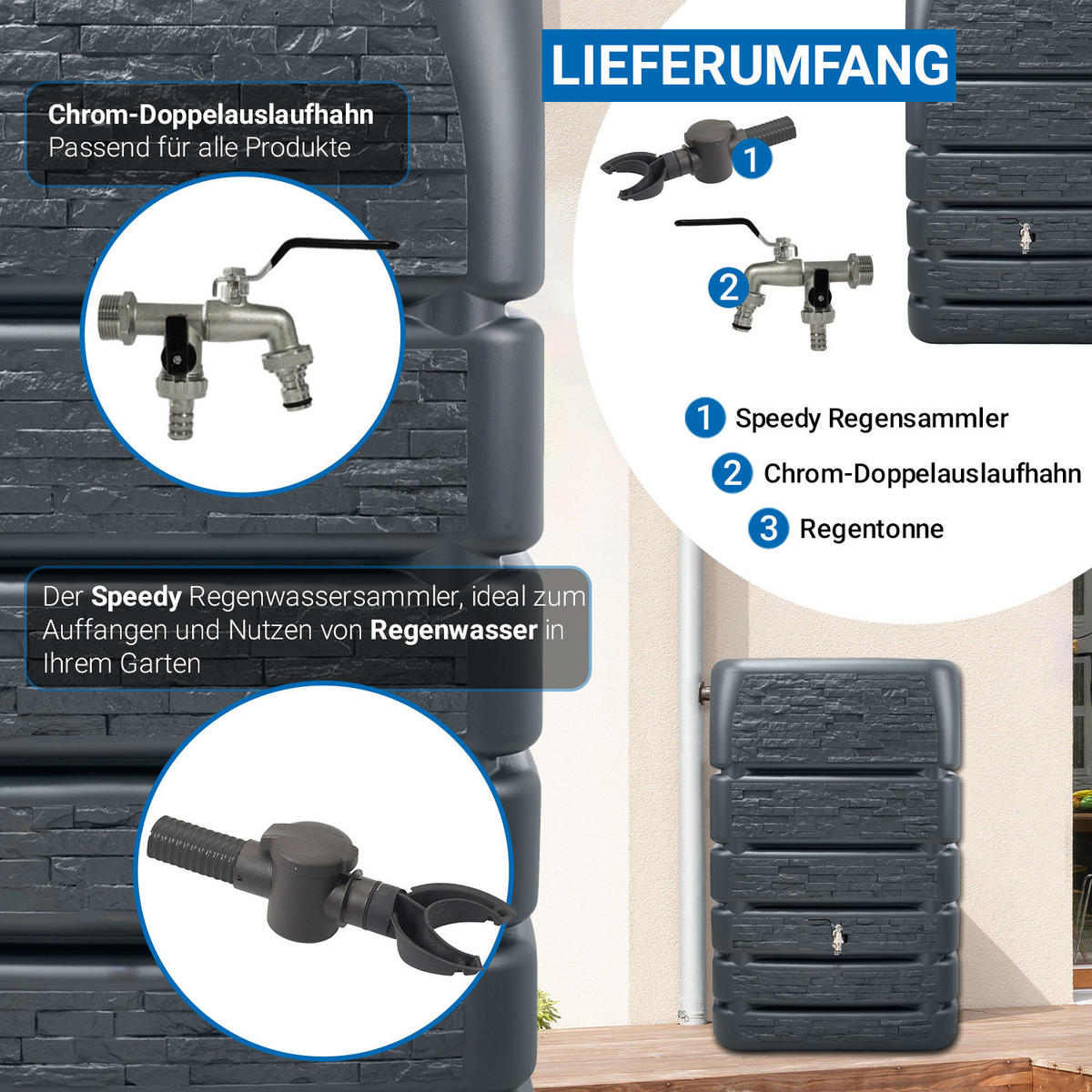 REGENTONNE Mauertank Komplett-Set 510 L, graphite grey inkl. Chrom-Doppelauslaufhahn und Fallrohranschluss - Grau, Kunststoff (60/123/80cm) - 4rain