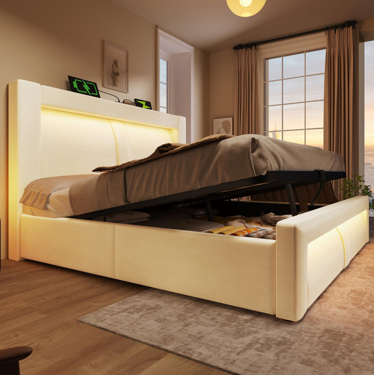 POLSTERBETT 180/200 cm mit Bettkasten, LED-Beleuchtung, USB-C und Ladefunktion, Samt, Beige - Beige, Textil (180/200cm) - Redom