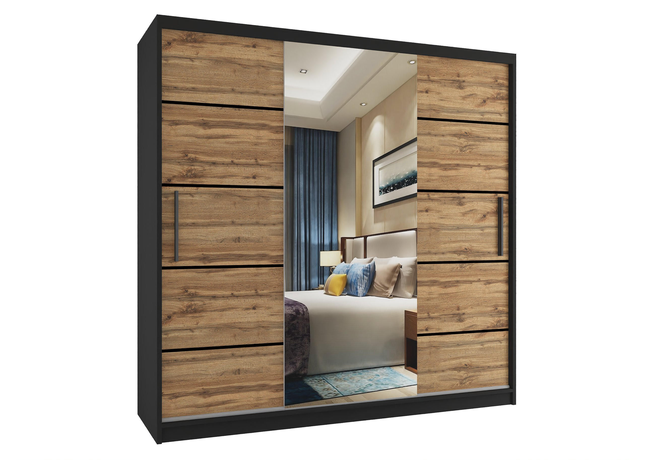 SCHWEBETÜRENSCHRANK Verona MT, Schwarz/Goldbraun Matt, 200 cm, mit Spiegel - Braun, Holz (200/216/60cm) - B BELINI GROUP
