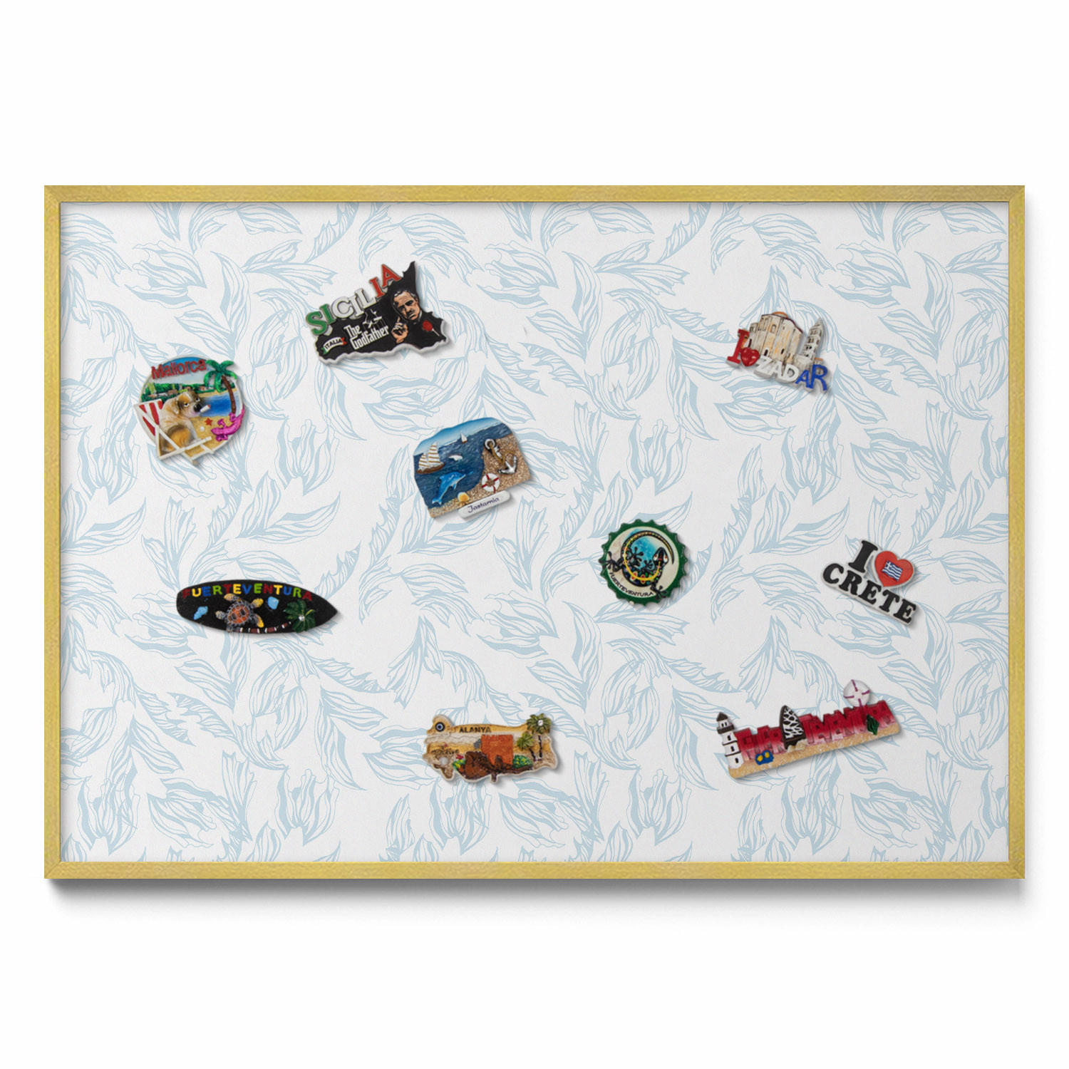 MAGNETTAFEL 100x70 cm Goldener Rahmen Regelmäßiges Blattmuster - Blau, Metall (100/70/0.4cm) - TULUP