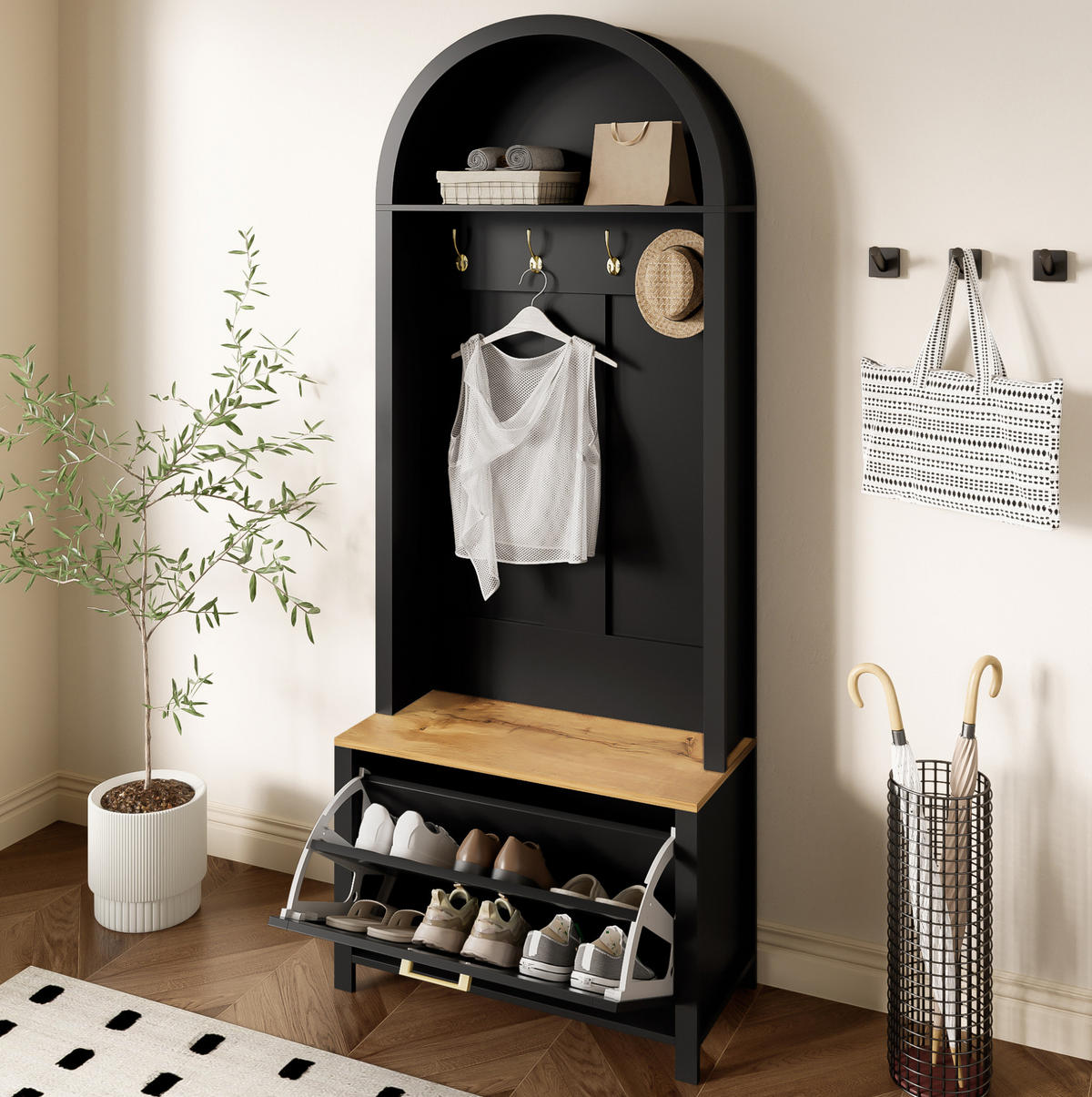 GARDEROBENSCHRANK 75/35/195 cm aus MDF mit Schuhfach und Haken Schwarz/Holzfarben - Schwarz, Holzwerkstoff (35/195/75cm) - Modenvie