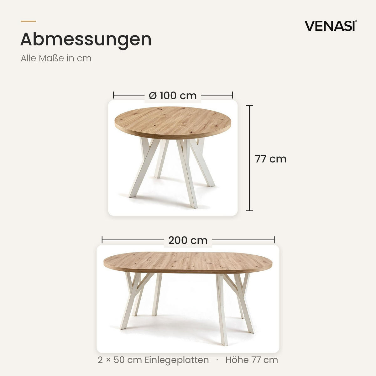 ESSTISCH ausziehbar rund ATO, 100-200 cm, Dekor Artisan, weiße Holzbeine - Dunkelbraun/Weiß, Holzwerkstoff/Buchenholz (100/100/77cm) - VENASI MÖBEL