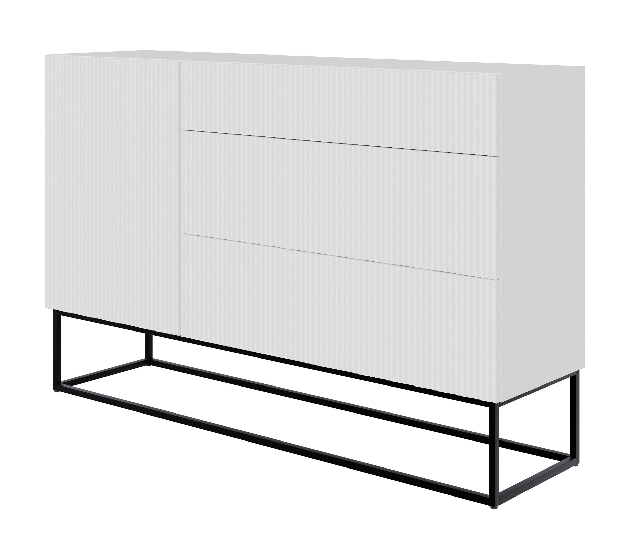 SIDEBOARD Veldio Weiß mit Schubladen und schwarzen Beinen 140 cm - Schwarz/Weiß, Holzwerkstoff/Metall (140/90/38cm) - Selsey