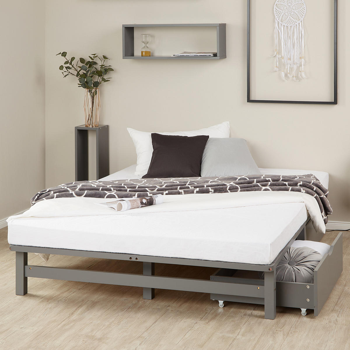 STAURAUMBETT mit Matratze 140/200 cm grau - Grau, Holz (140/200cm) - Homestyle4u