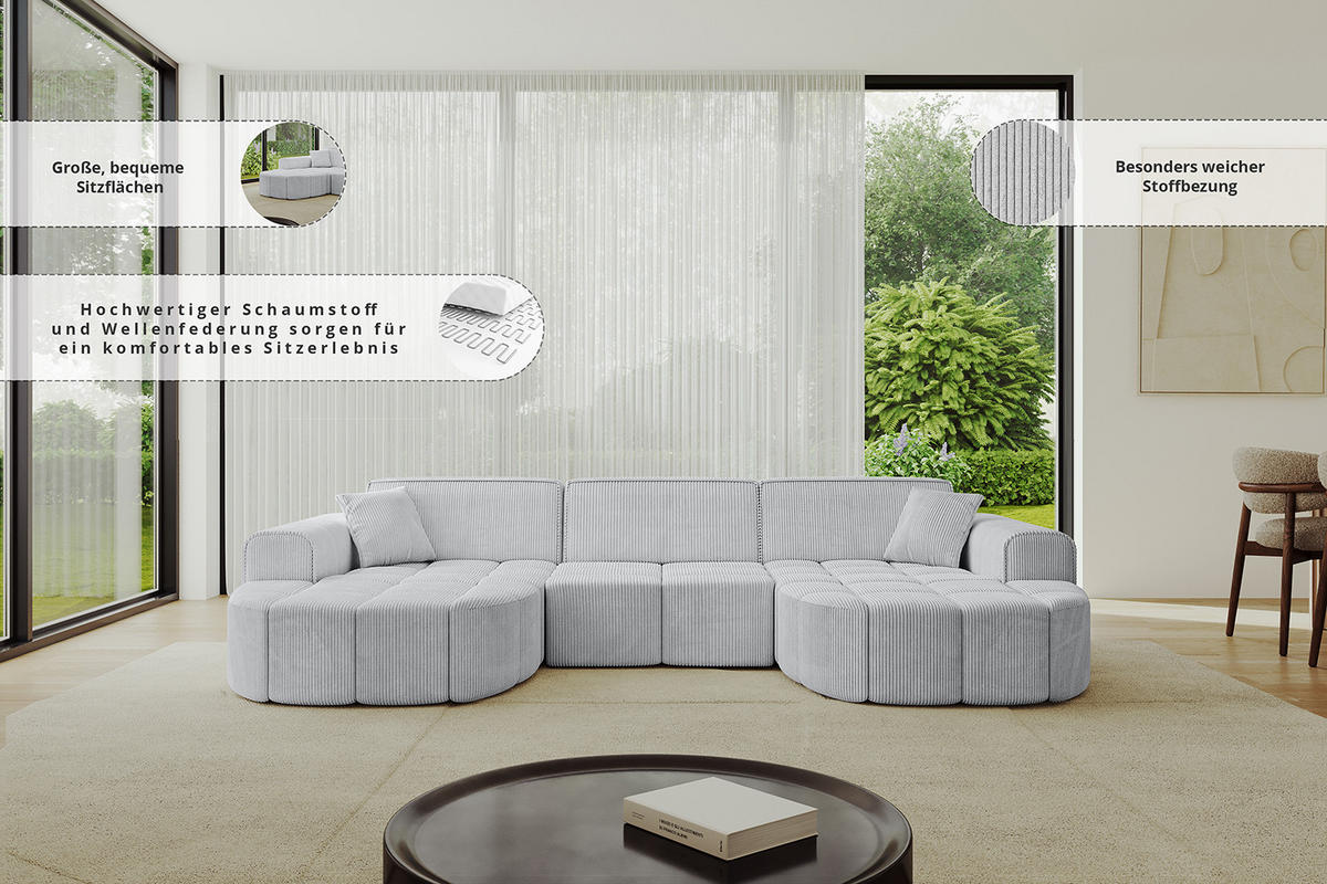 WOHNLANDSCHAFT LIVO-U1 - 315x173x79,5 cm Senfgelb - Currygelb/Gelb, Holzwerkstoff/Textil (315/79/173cm) - ALTDECOR