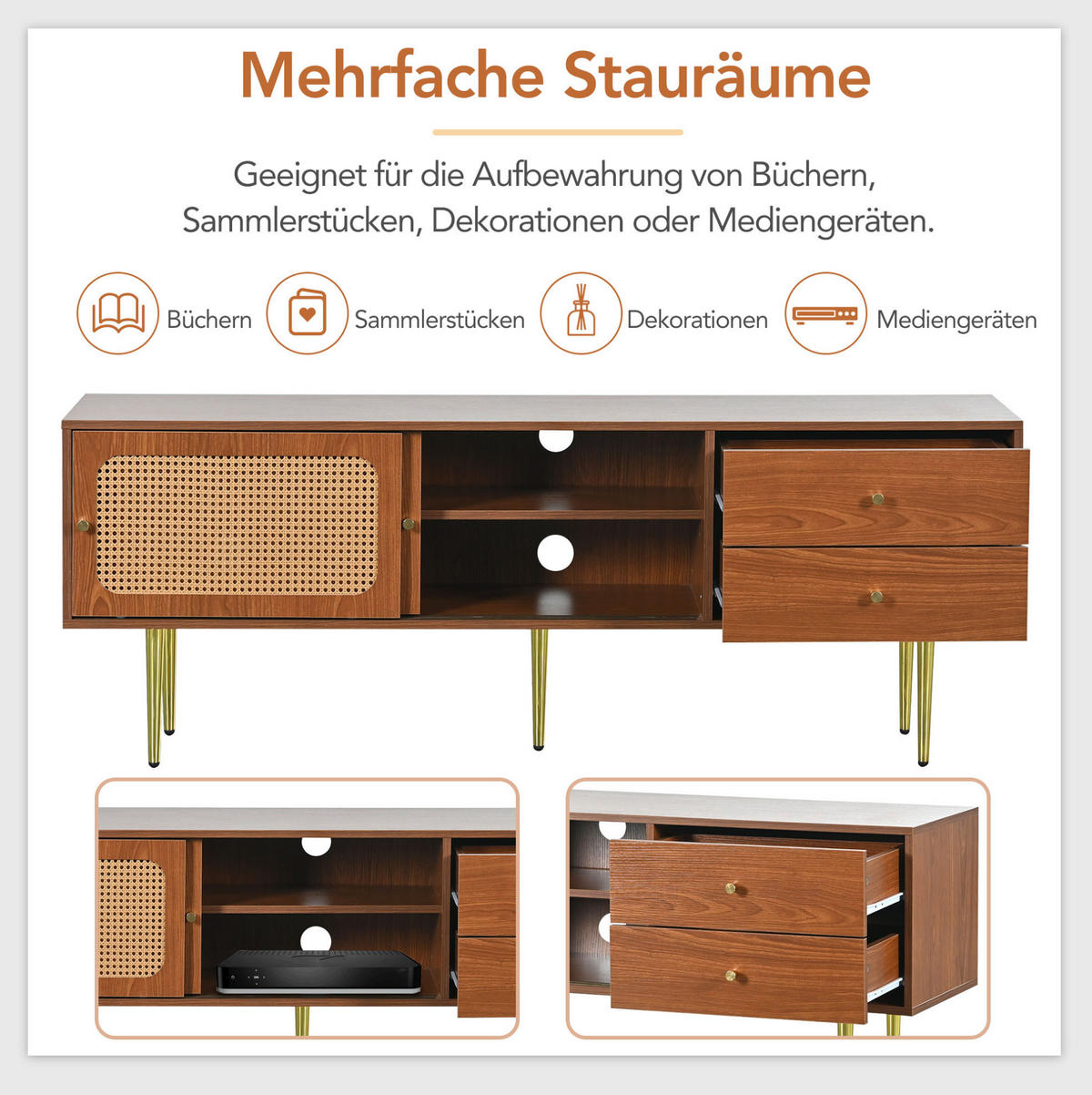 TV-SCHRANK in Walnuss mit Schiebetüren in Rattan-Optik 160/40/60 cm - Walnussfarben, Holzwerkstoff (160/60/40cm) - Redom