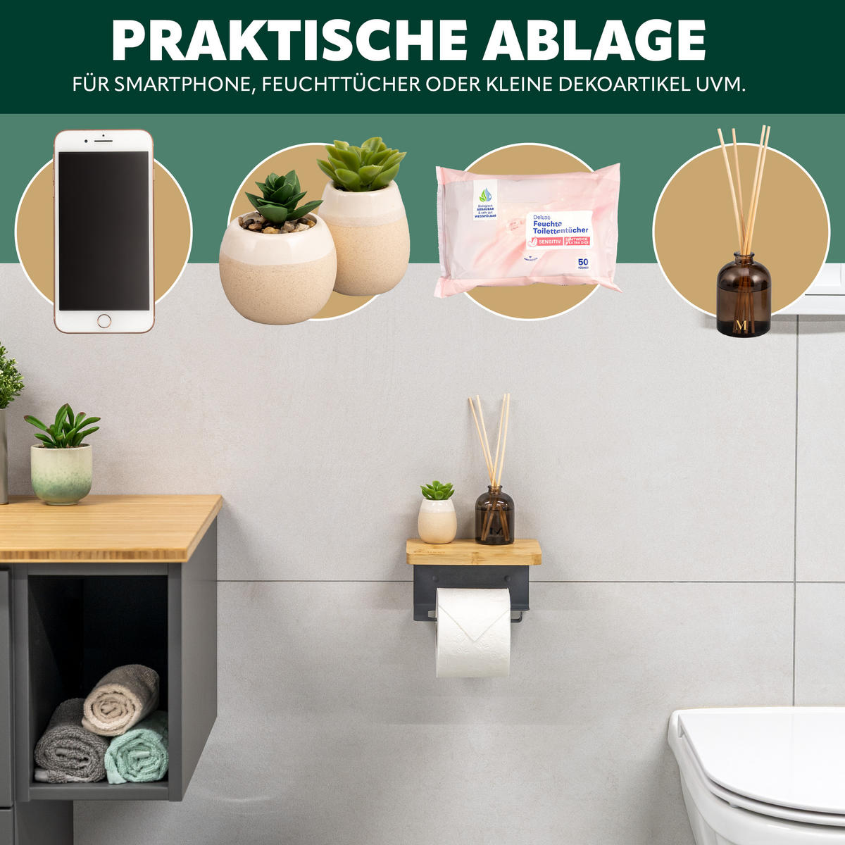 TOILETTENPAPIERHALTER VARAZ mit Ablage, Metall und Bambus - Grau, Metall (18/9.5/13cm) - eluno