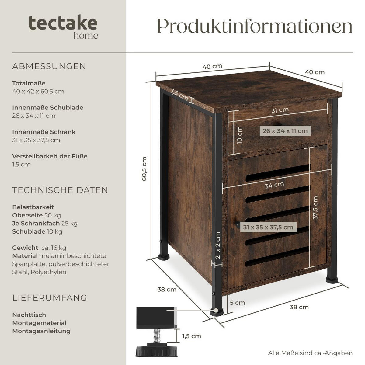 NACHTSCHRANK Waterford, 40 x 42 x 60,5 cm, Industrial Holz dunkel, rustikal - Rostfarben, Holzwerkstoff (40/60.5/42cm) - tectake