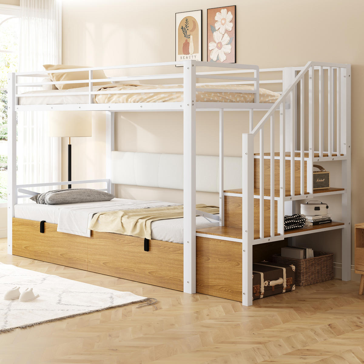 HOCHBETT 90/200 cm aus Metall und MDF mit hydraulischem Stauraum, PU-Rückenlehne und Treppe mit Fächern, Weiß - Weiß, Metall (90/200cm) - Redom