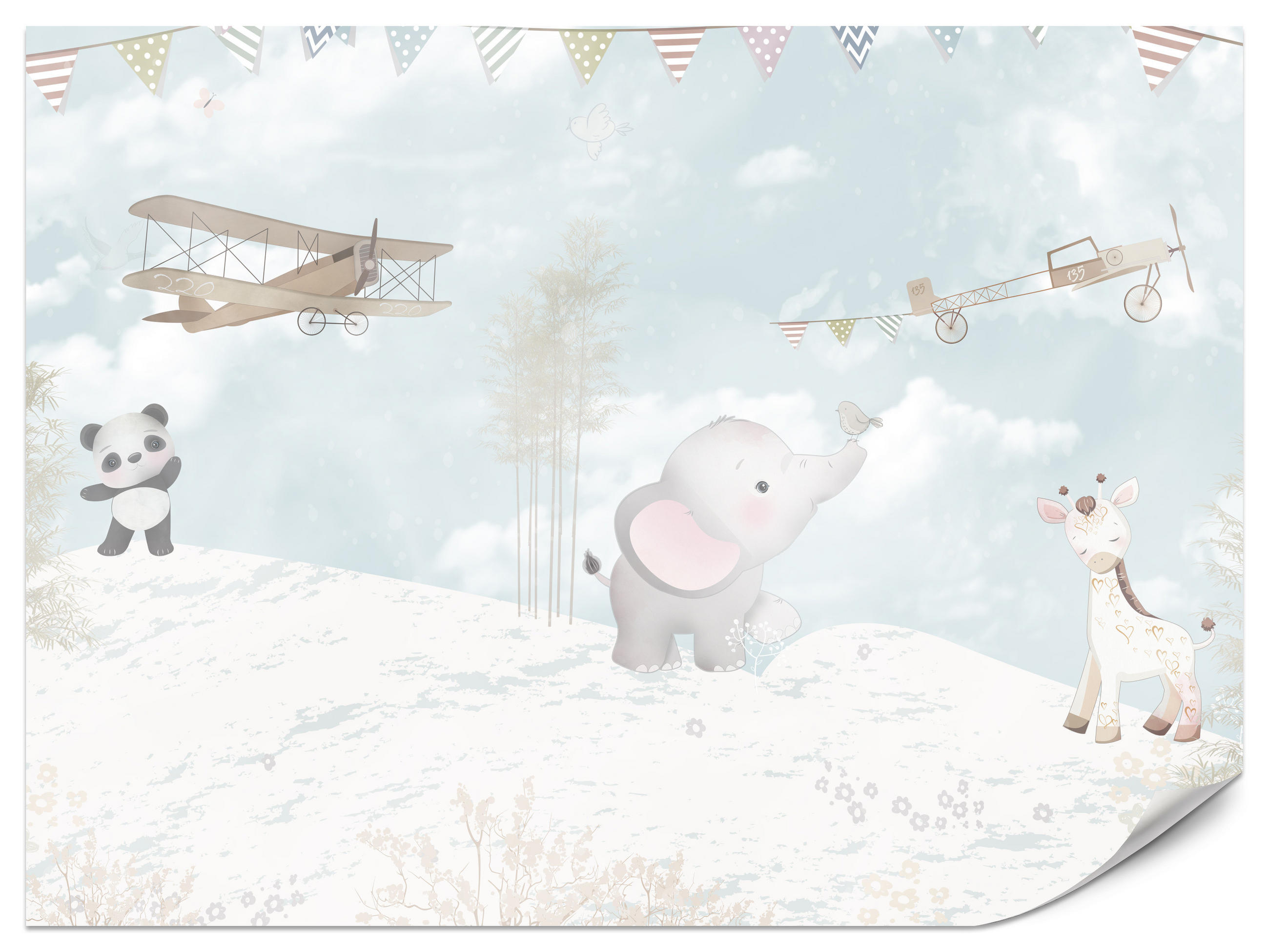 FOTOTAPETE für Kinderzimmer Boho Elefant Panda Giraffe Pflanze Flugzeug 500x350 - Multicolor, Papier (500/350cm) - Muralo