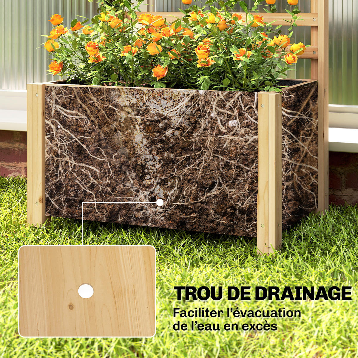 HOCHBEET DE-12322 mit Rankgitter mit Sichtschutz u. Drainage Natur - Naturfarben, Holz (60/120/39cm) - ComfortXL