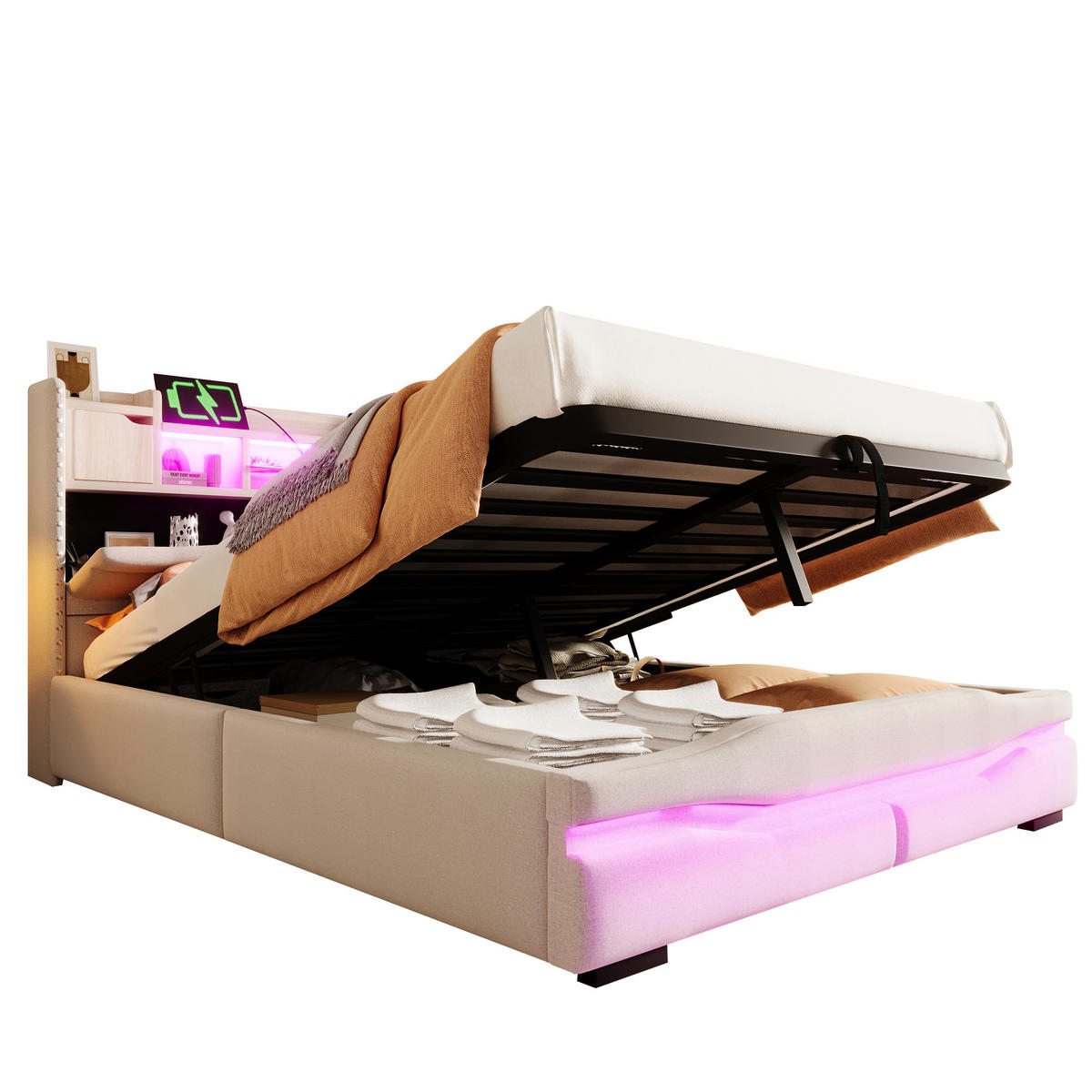 POLSTERBETT 140/200 cm Beige mit USB- und Type-C-Anschlüssen und LED-Beleuchtung - Beige, Textil (140/200cm) - OKWISH