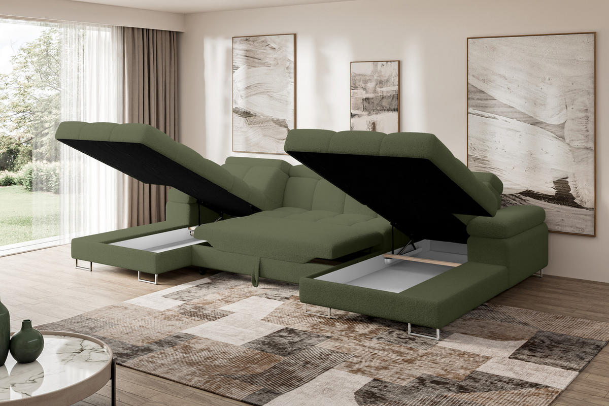 WOHNLANDSCHAFT mit Schlaffunktion und Bettkasten COMA U2 345x203x79 Grün Bouclé - Smaragdgrün, Holzwerkstoff/Textil (345/79/203cm) - ALTDECOR