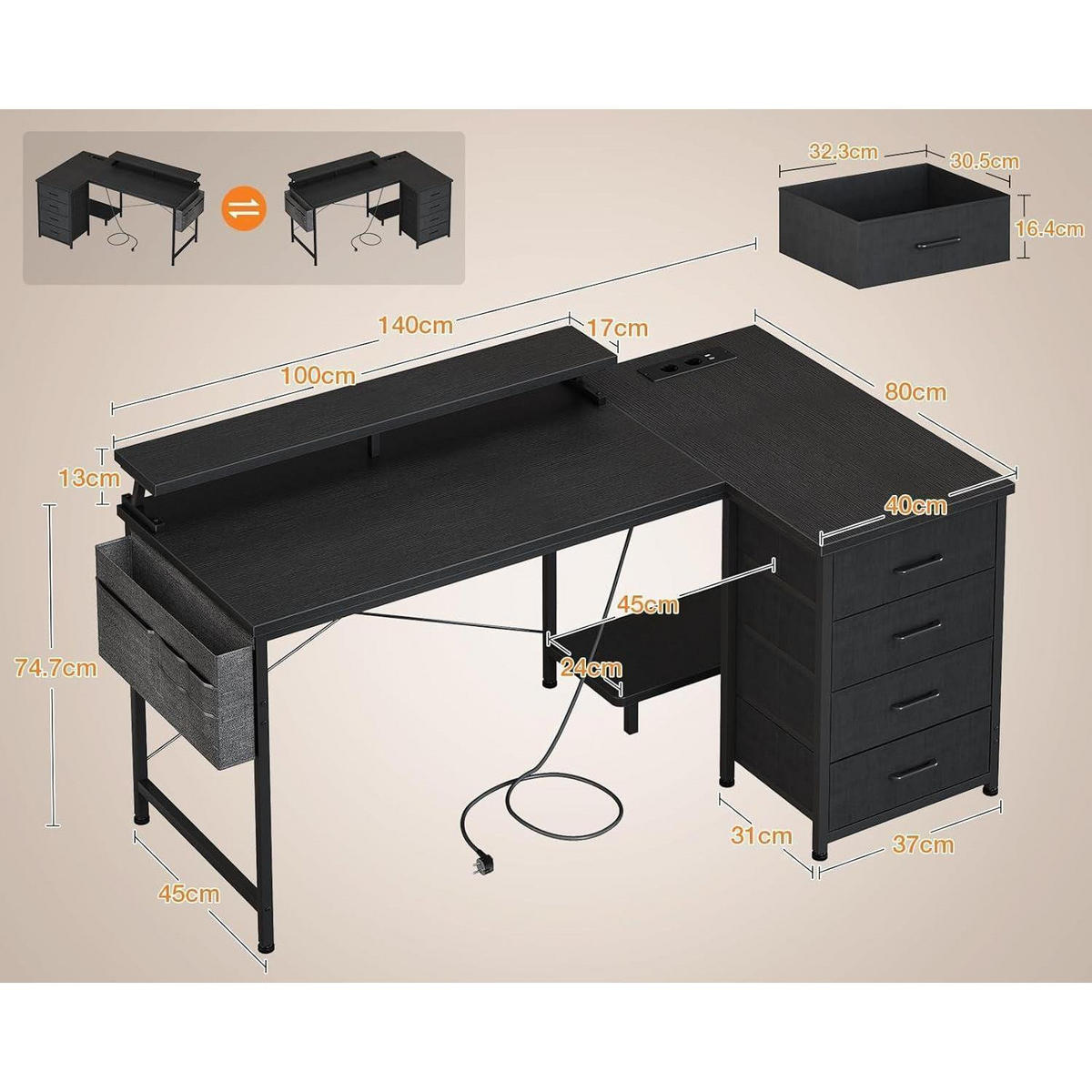 SCHREIBTISCH L Form mit Schubladen 140 x 80 cm Schwarz - Schwarz, Holzwerkstoff (140/80/87cm)