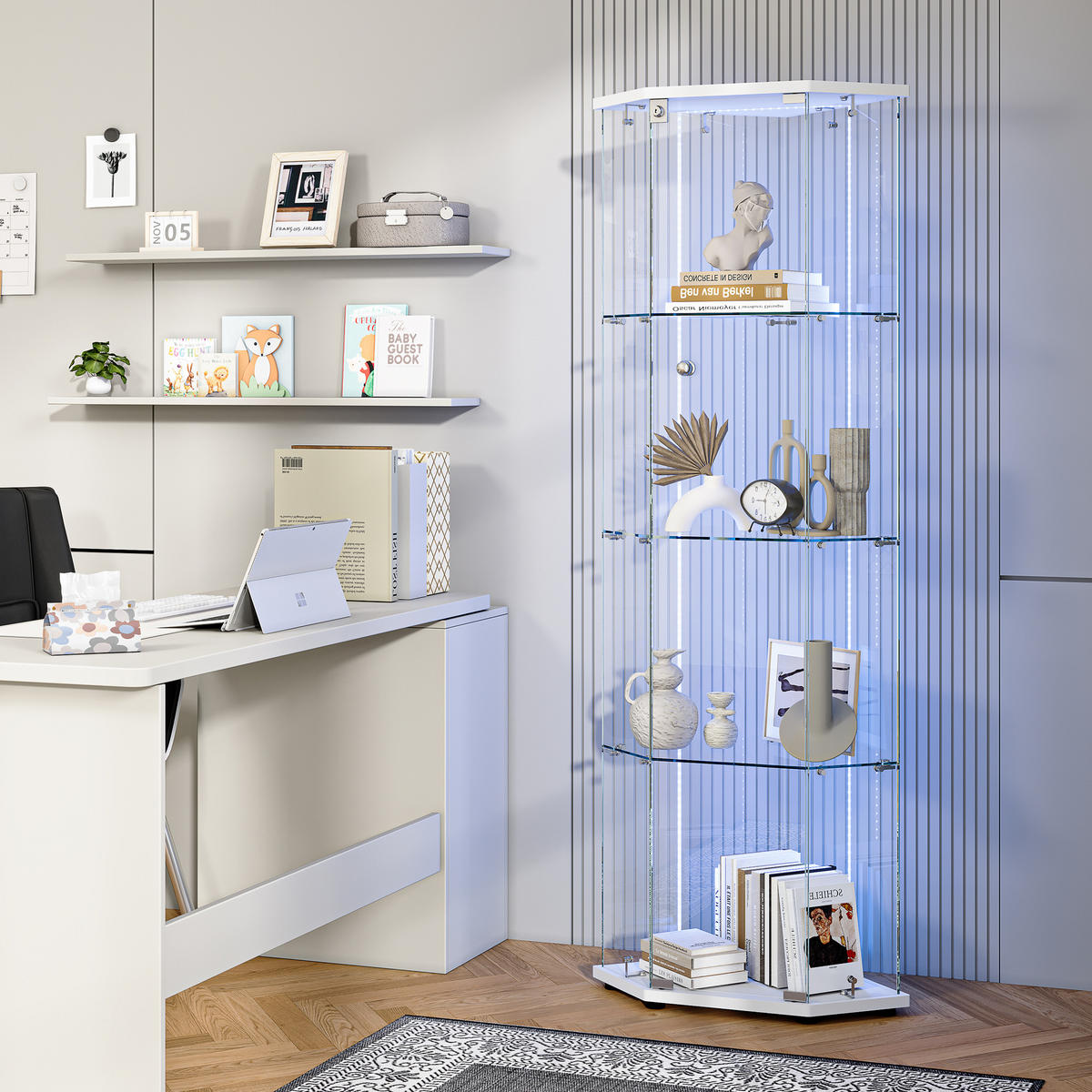 ECKSCHRANK weiß 1 tür 4 ebenen led - Weiß, Glas (42.5/162/60cm) - SHOPENTRA