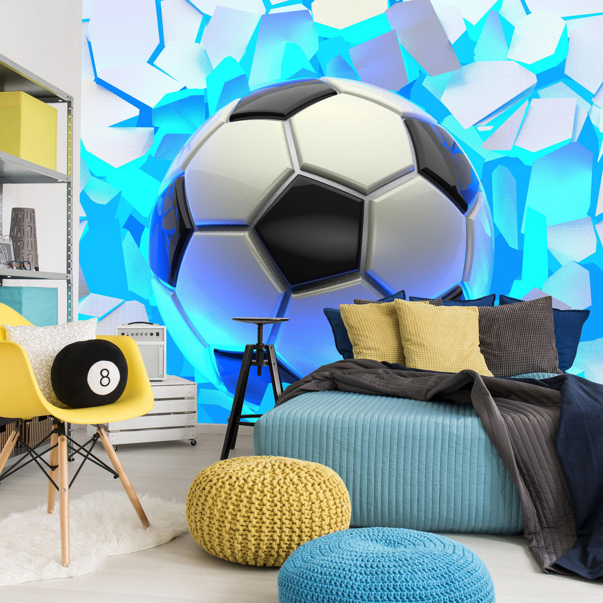 FOTOTAPETE Fußball Abstraktion 3D Effekt 200x140 - Blau/Schwarz, Papier (200/140cm) - Muralo