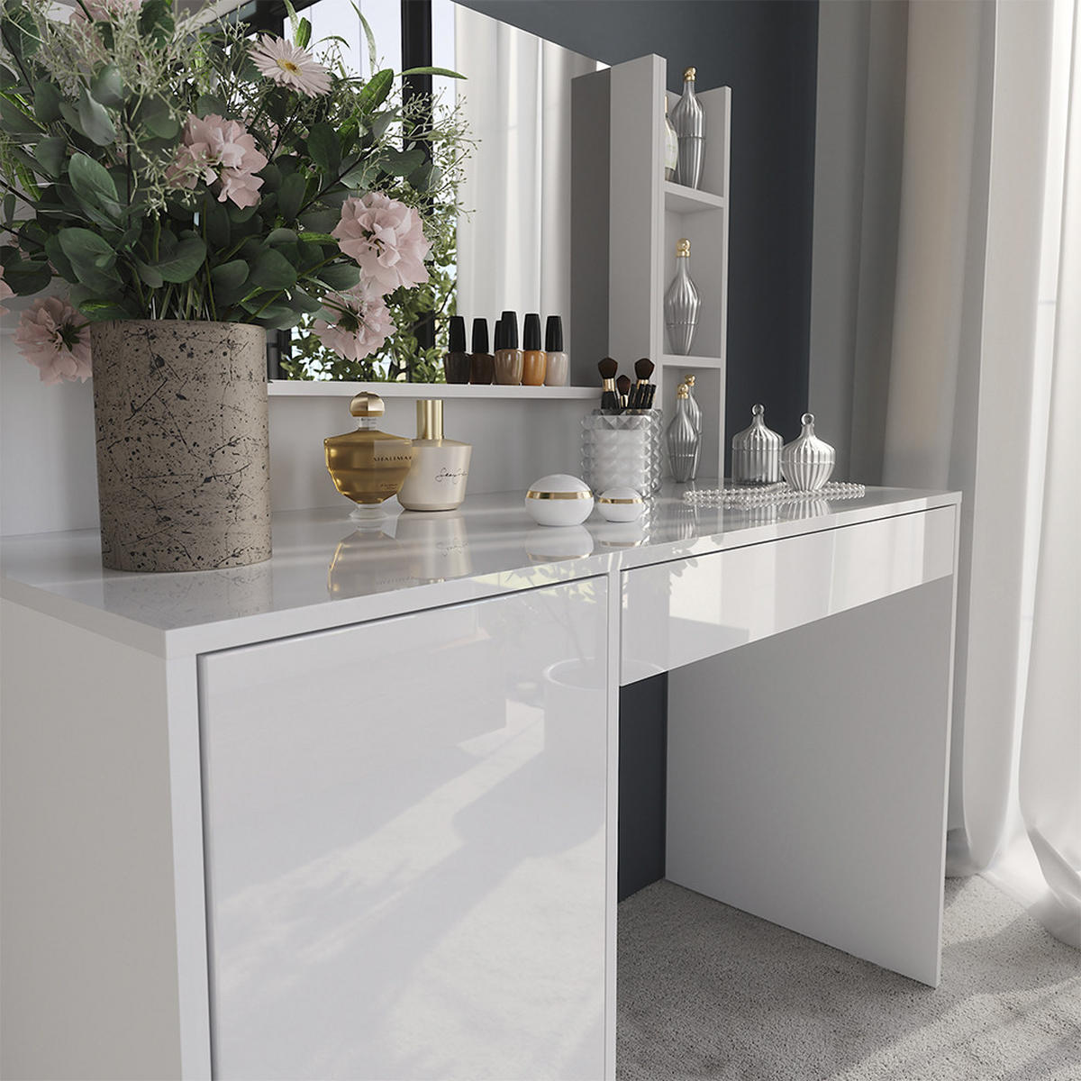 SCHMINKTISCH Sherry Weiß/Weiß Hochglanz 119.8 cm 4 Teile - Weiß Hochglanz, Holzwerkstoff (119.8/76/50.1cm) - Vicco