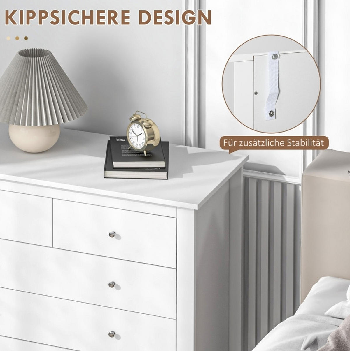 KOMMODE aus Holz 39,5x79x80,5 cm Weiß mit 5 Schubladen, Metallgleitern und pflegeleichter Bodenfreiheit - Weiß, Holzwerkstoff (79/80.5/39.5cm) - Modfu