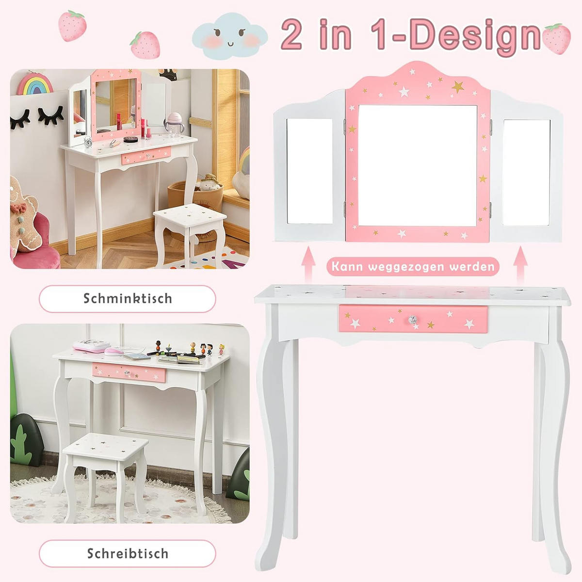 KINDER SCHMINKTISCH mit Hocker Weiß - Weiß, Holz (70/105/34cm) - COSTWAY