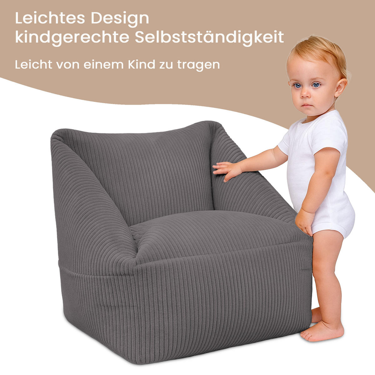 SITZSACK-SESSEL Bambino 55/60/55 cm, weicher Cord 380 g/m², mit Griff & Seitentasche, Dunkelgrau - Dunkelgrau, Textil (55/55/60cm) - Dreamroots