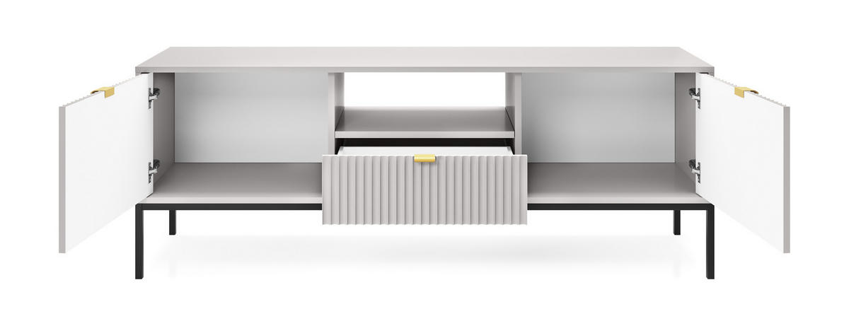 LOWBOARD Eternas 2T 1S Grau 154/56/39 cm – schwarze Füße, mit geriffelten Fronten und offener Ablage - Schwarz/Grau, Holzwerkstoff (154/56/39cm) - AX Living