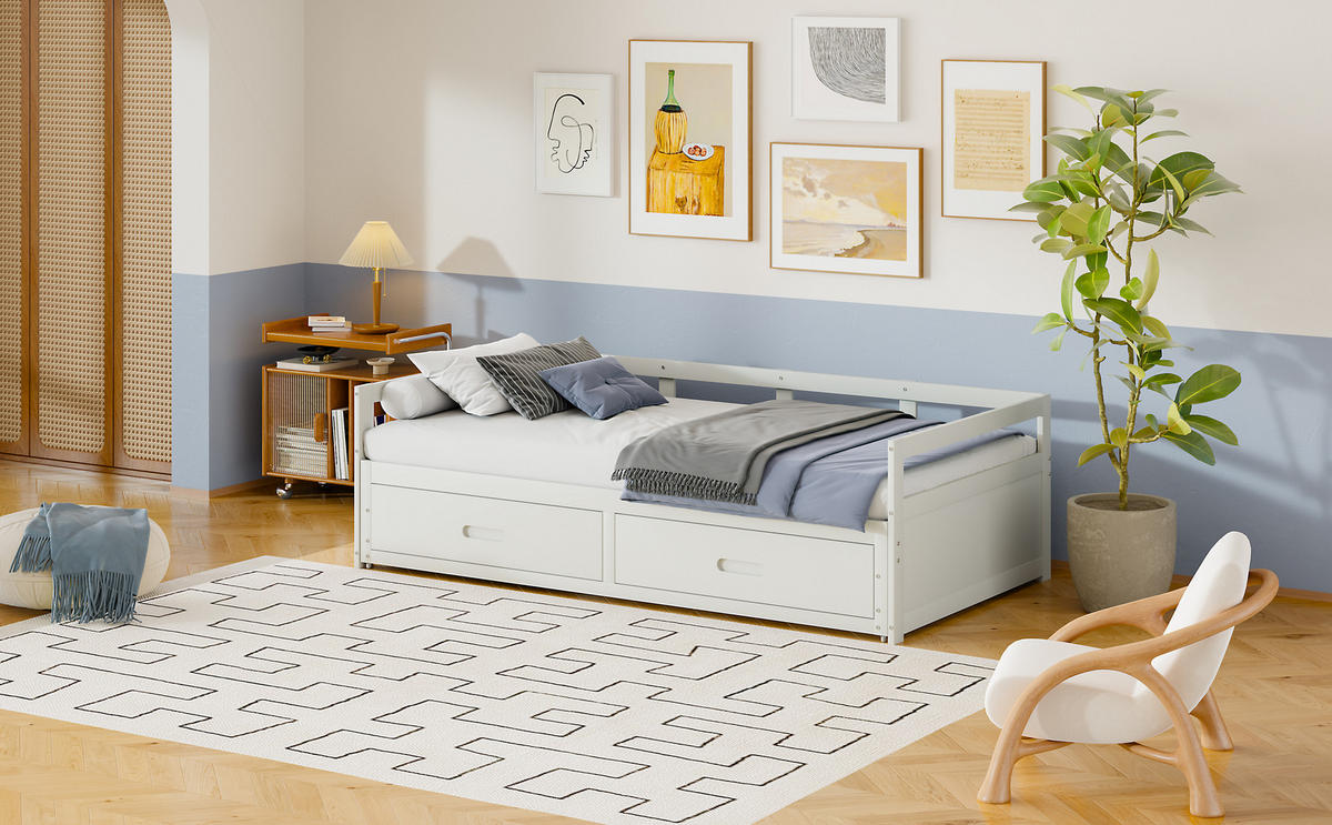 SCHLAFSOFA 90/180x200 Kiefer Schubladen Stauraum Weiß - Weiß, Holzwerkstoff - FLIEKS