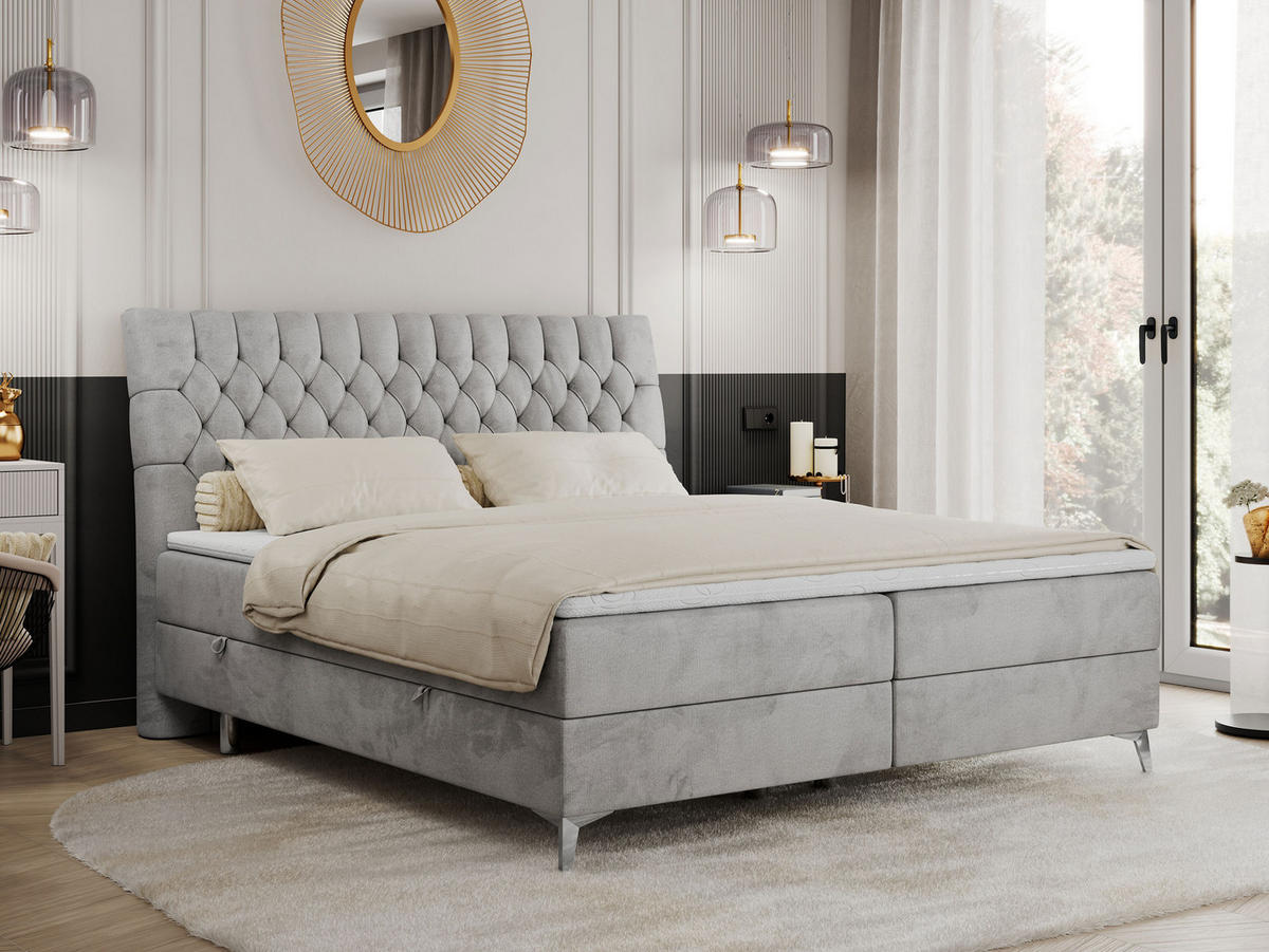 BOXBETT MILEN 200/200 Hellgrau Velvet - H3 - Hellgrau, Holz/Textil (200/200cm) - MKS