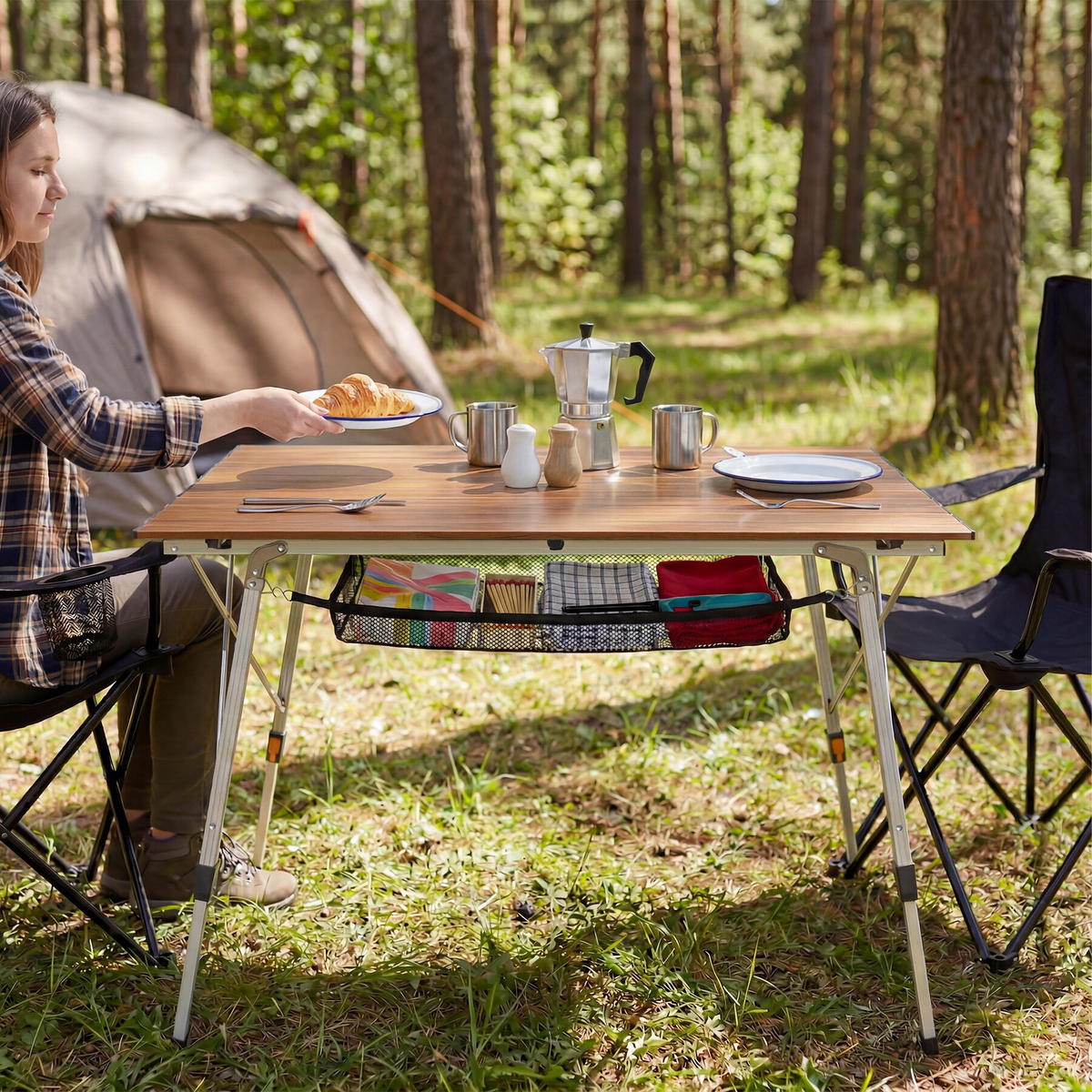 CAMPINGTISCH aus Aluminium Tina, 90 x 52 x 47 - 70 cm, Holzoptik - Braun, Metall (90/52/70cm) - tectake