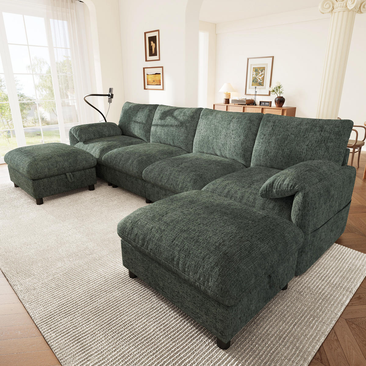 SCHLAFSOFA mit 6 Sitzen aus Chenille mit USB/Type-C, Handyhalter und Stauraum-Hockern - Grün, Textil (273.5/81/133cm) - EVRYAE