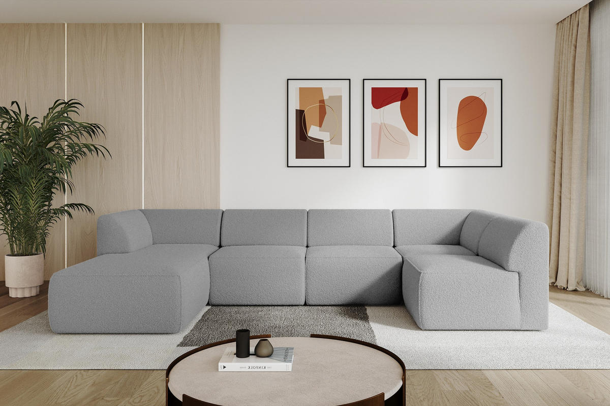 WOHNLANDSCHAFT Ottomane Links MOVA 345x180x78 Hellgrau Bouclé - Silberfarben/Hellgrau, Holzwerkstoff/Kunststoff (180/78/345cm) - ALTDECOR