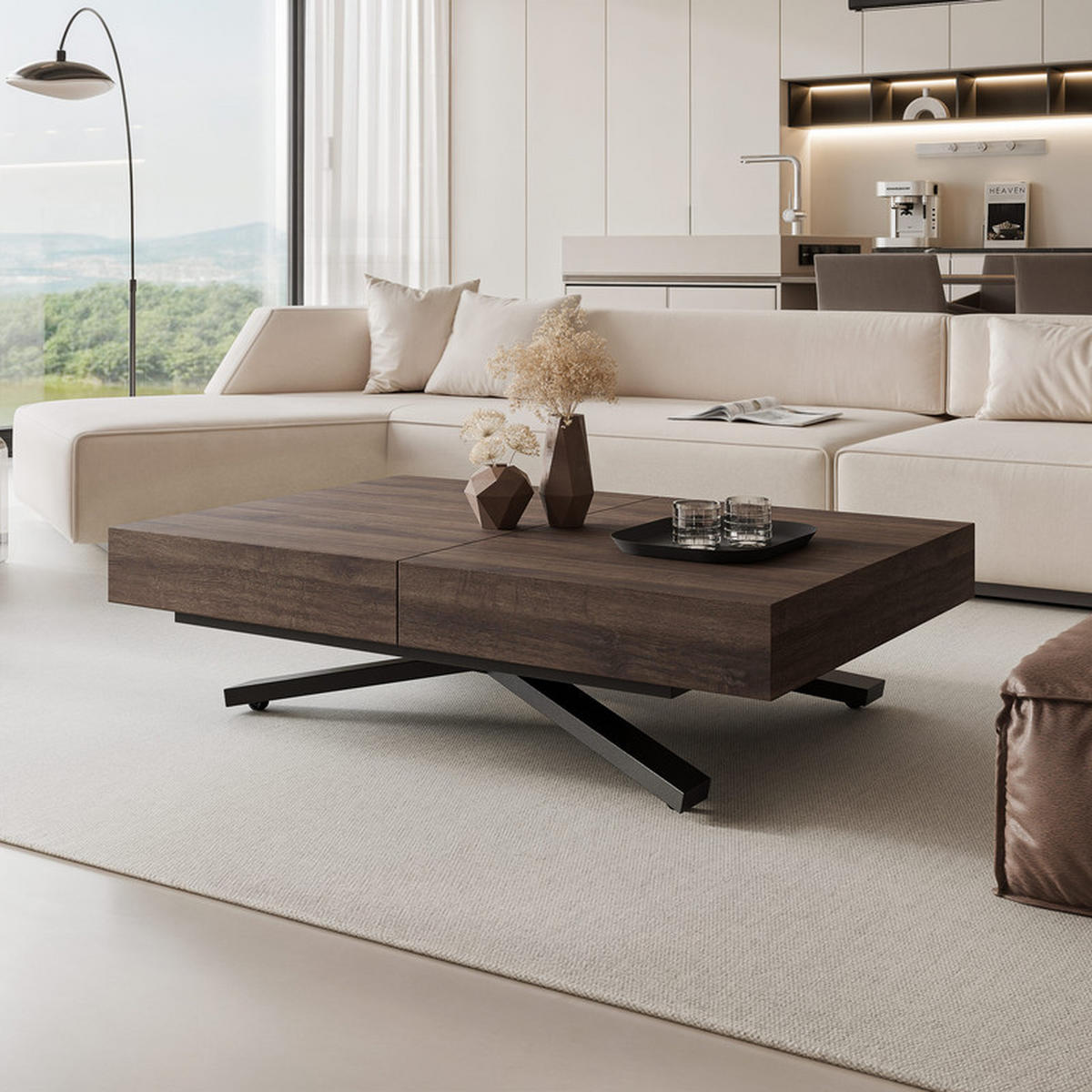 COUCHTISCH SANELLE X ausziehbar mit Liftfunktion, 120/80/76 cm Schwarz/Dunkeleiche - Eichefarben/Schwarz, Holzwerkstoff/Metall (120/80/27cm) - Idohome